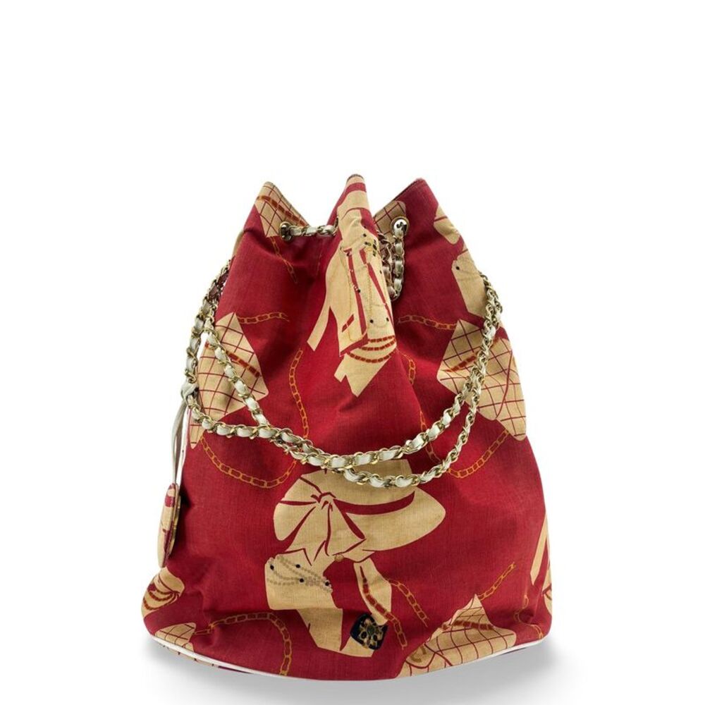 Chanel canvas print chain drawstring bag